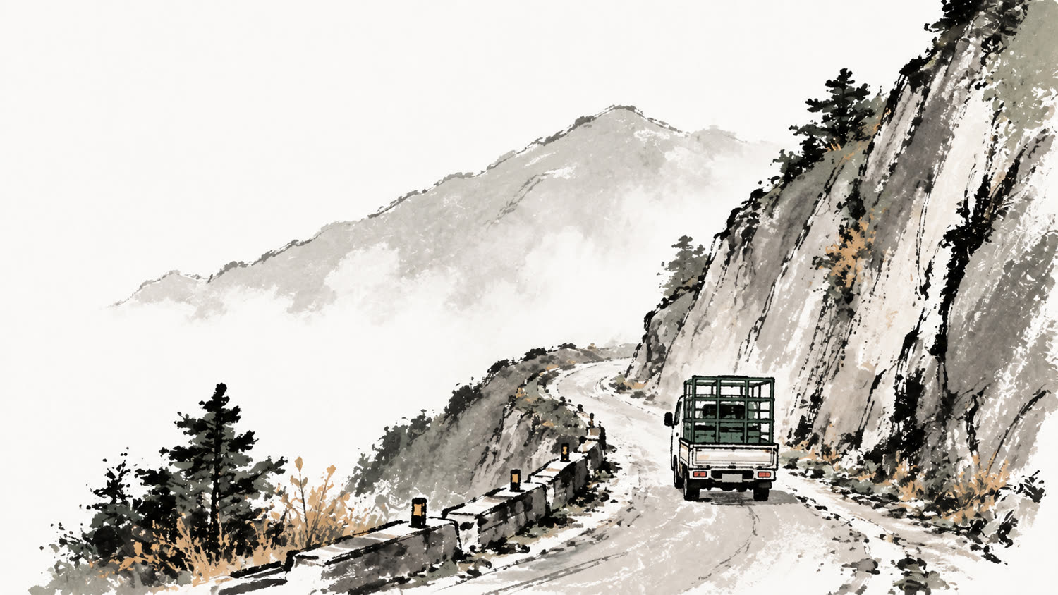 清晨山路上,小貨車載著綠色運輸籠在晨霧裡慢慢爬坡