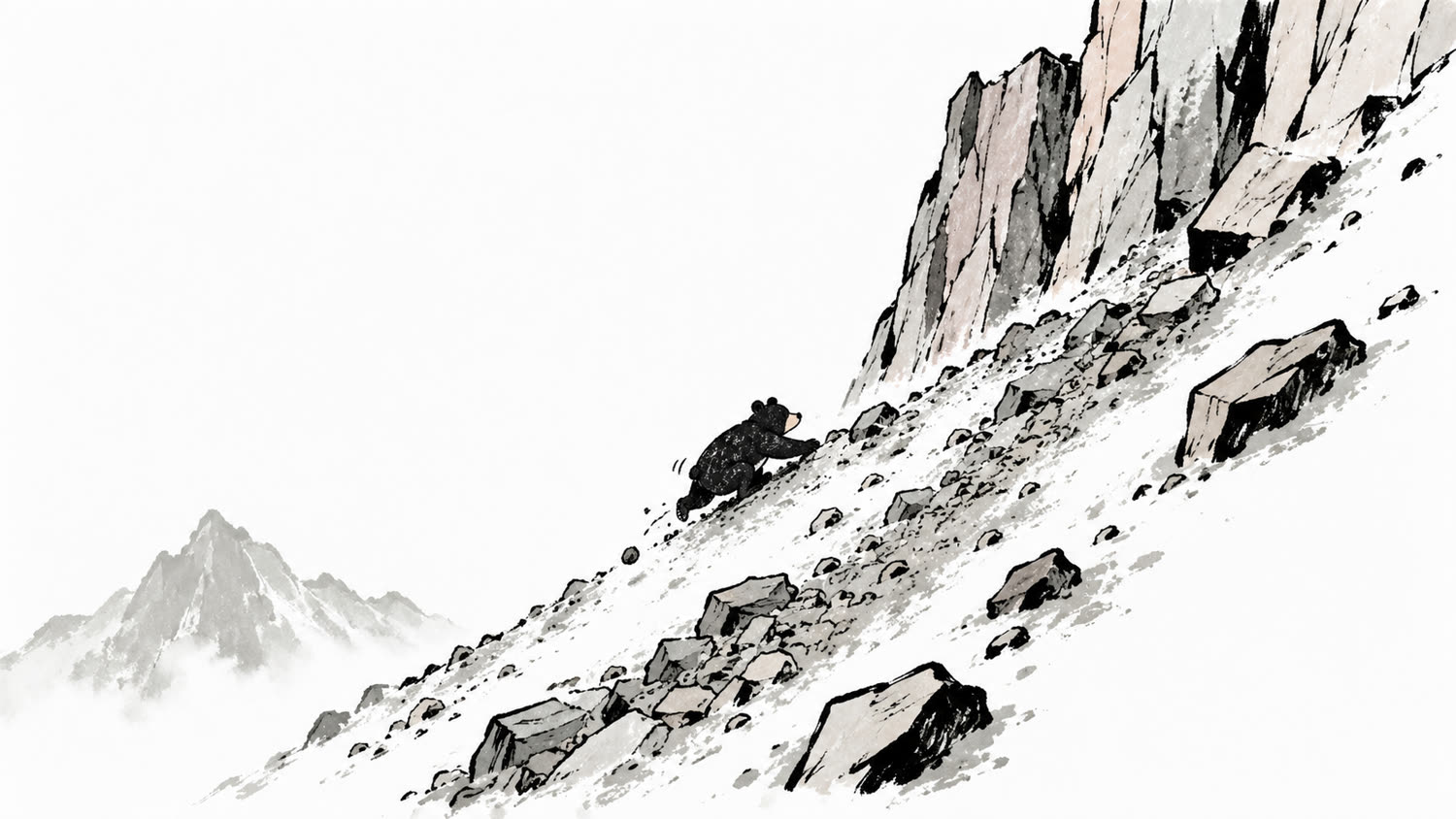 陡峭碎石崩壁大遠景，黑熊小小的身影斜著橫渡，一顆石頭正滾落