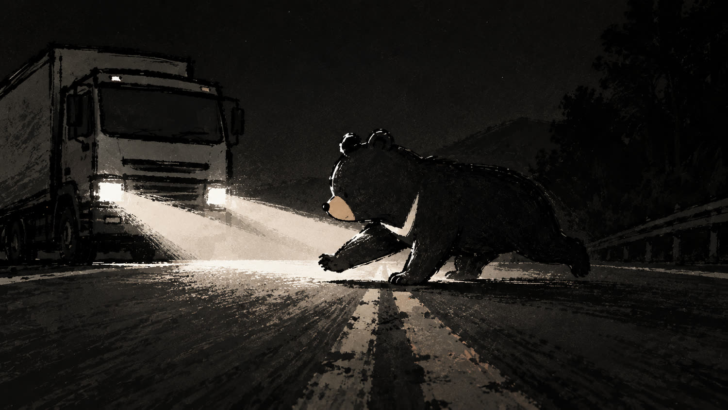 夜裡的公路,卡車車燈切開黑夜,黑熊壓低身體小跑穿越中線