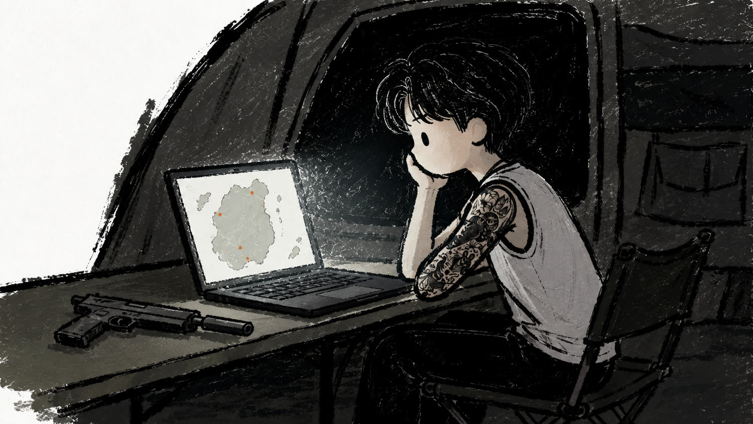 夜裡守在筆電前的人,螢幕照亮疲倦的側臉,桌上放著麻醉槍