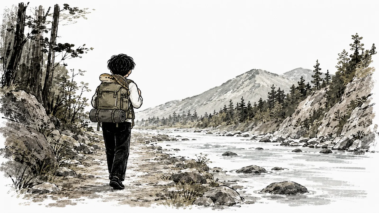 揹著背包的人沿著山溪往上游走