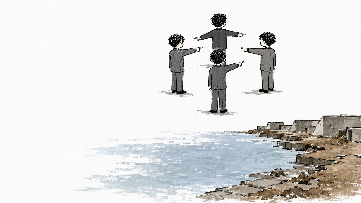 插畫：海邊四個西裝的人互相指著對方，沒有人指向自己