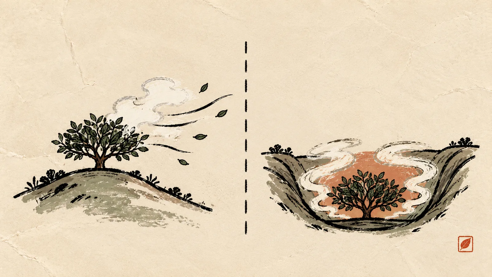 兩座山:一邊是開闊有風的坡地,一邊是把煙關在裡面的盆地