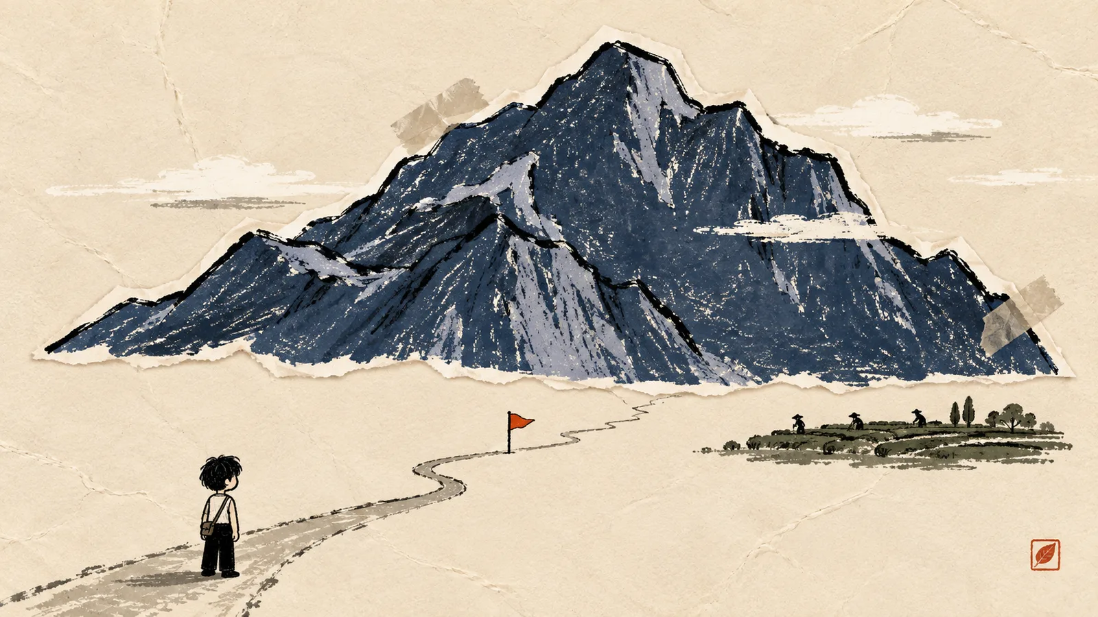 一個人面向山路,路的盡頭插著一面紅旗