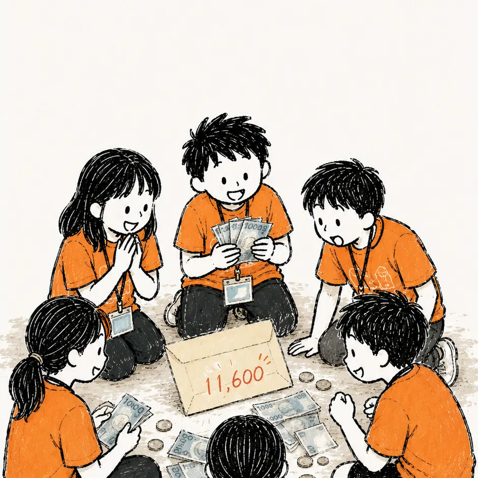 孩子們圍坐在地上數錢，信封上寫著 11,600