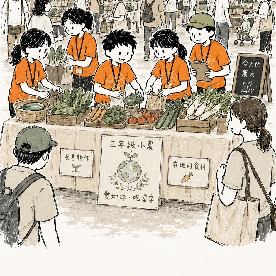 孩子們在熱鬧的市集擺攤，招牌寫著三年級小農