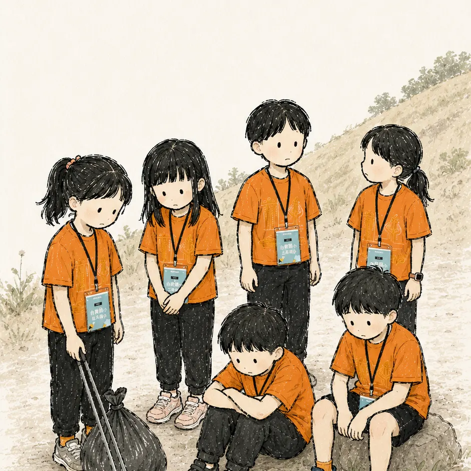 孩子們垂頭喪氣地站在山坡上